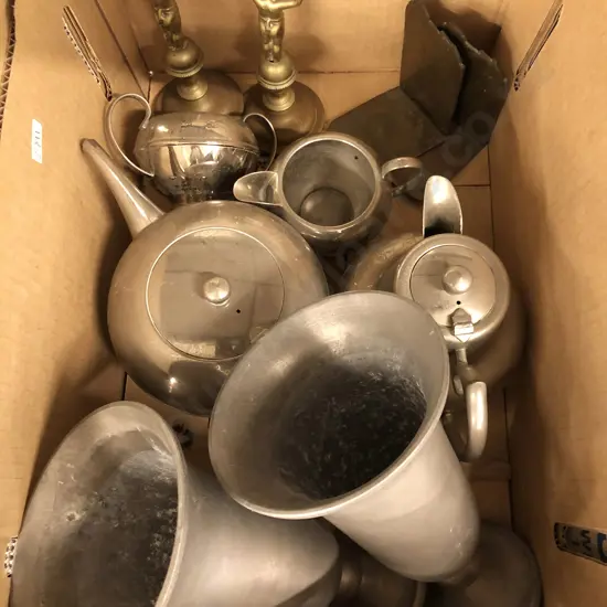 Box of Pewter Vases and Various Metalware