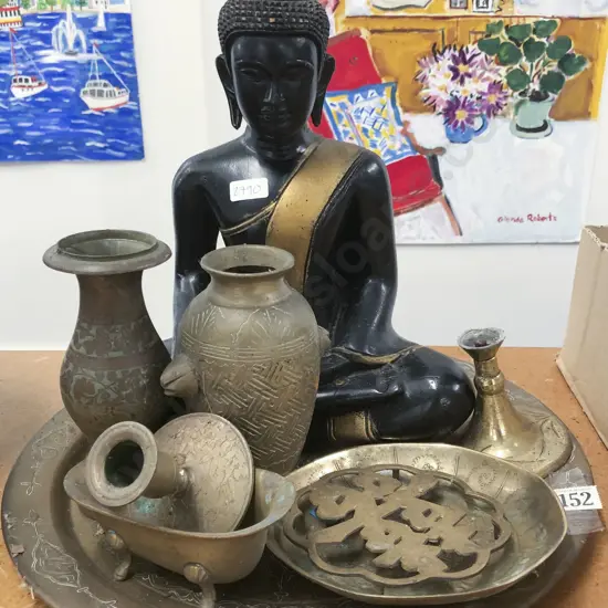 Qty of Brass Ornaments and Wooden Buddha