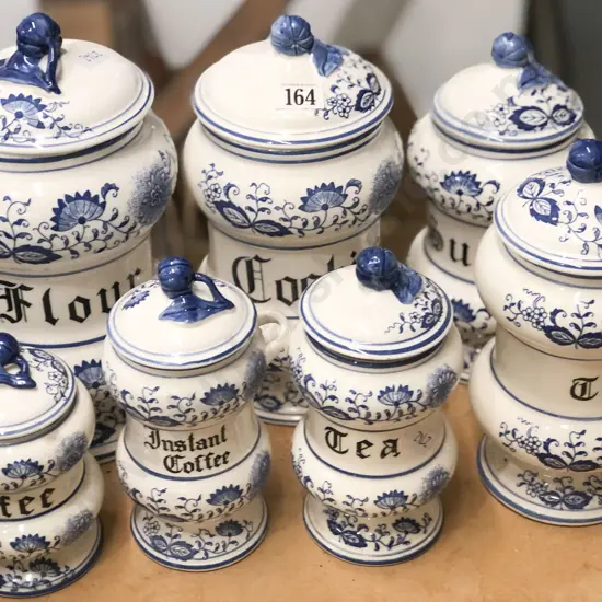 Seven Blue and White Storage Jars