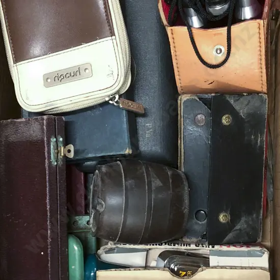 Box With Binoculars and Drawing Sets Etc