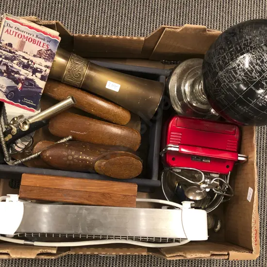 Box With Small Globe and Woodware Etc