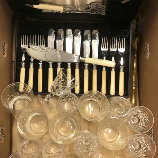 Box With Crystal Glasses and Fish Set Etc