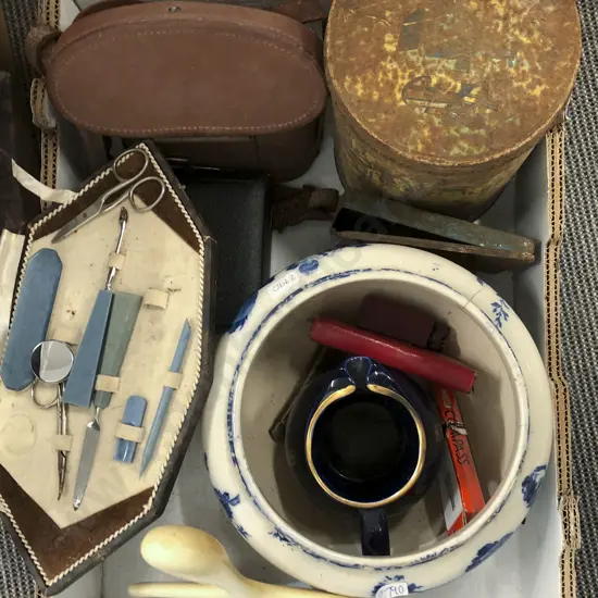 Box with Binoculars and Whiskey Jug With Planter Etc
