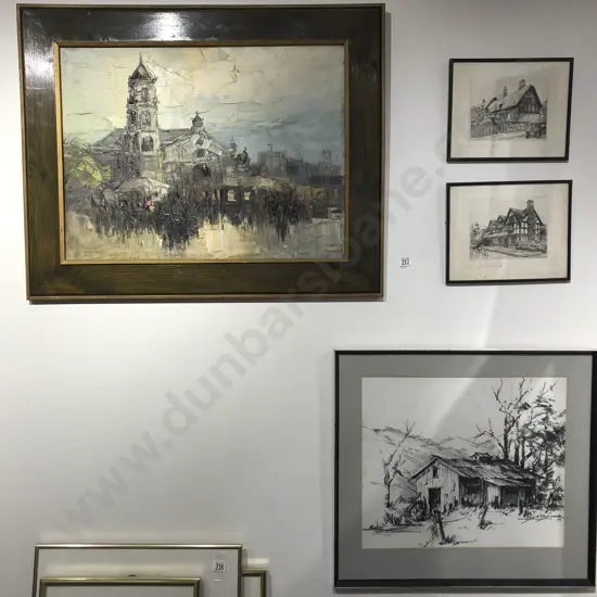 Oil Church Scene With Two Etchings and David Badcock Sketch