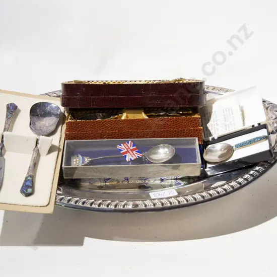 Quantity of asst Souvenir Spoons incl. Paua / S/S and S/P on Tray