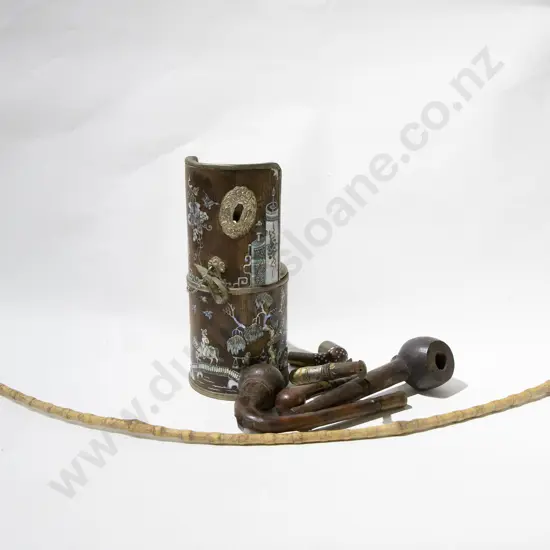 Antique c19th Asian Opium Pipe Stand with MOP inlay and other pipes