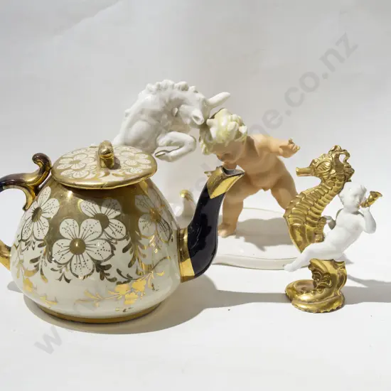 German Figure Group together with Seahorse Ornament and Teapot