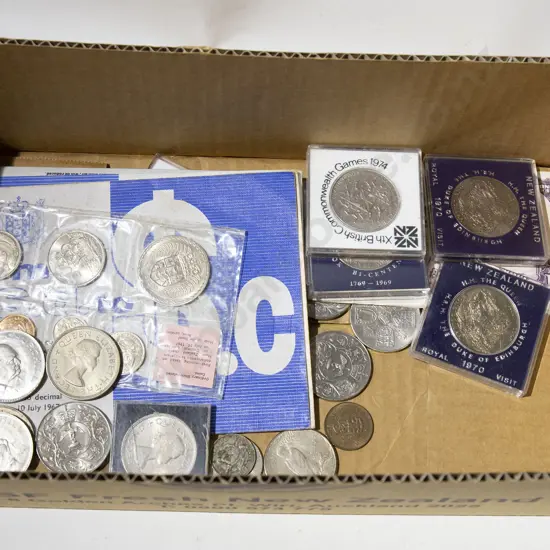 Qty Asst Commemorative Coins with Loose Coinage and Bank Notes