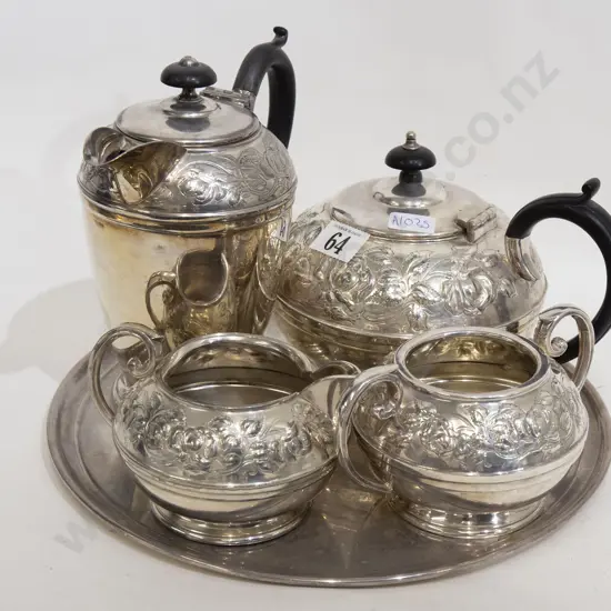 Plated Four Piece Tea Set on Tray