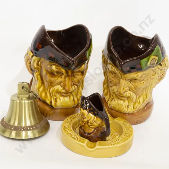 Three Wade McCallum Whisky Jugs of Sizes together with Scotch Whisky Bell & Ash Tray