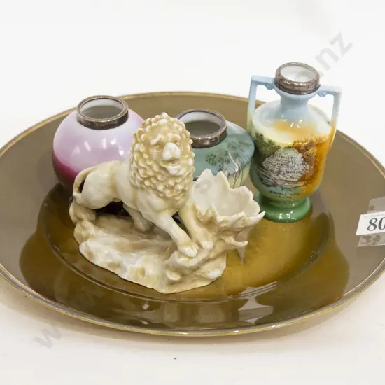 Three S/S Topped Royal Bayreuth Miniature Vases together with Lion Ornament on Plate