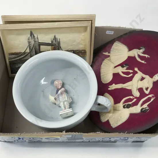 Box of Assorted Including Pottery Wall Hangings and Chamber Pot etc