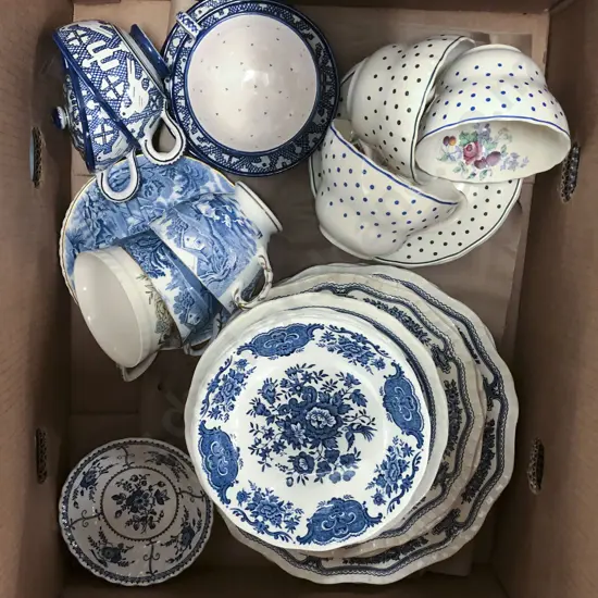 Box Asst Blue & White Dinner and Tea China incl. Staffordshire & Spode