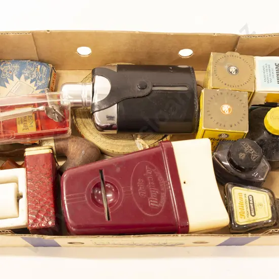 Box Asst Vintage Items incl. Pipes / Shaving Equipment / Bottles etc