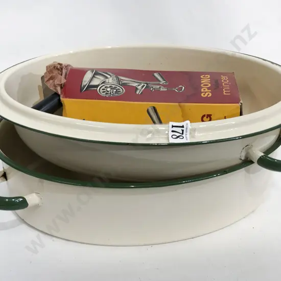 Large Vintage Basting Dish together with Boxed Mincer