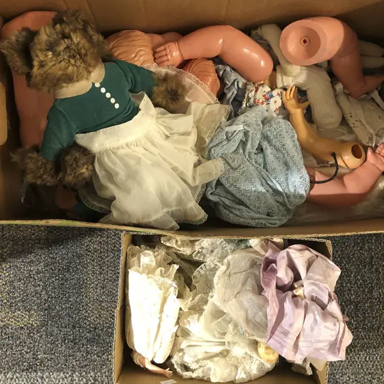 Box Asst Doll Parts / Doll Linen etc