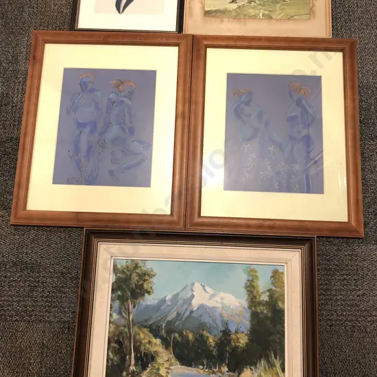 Two S Morris Nude Studies Together with Oil Landscape and Prints (5)