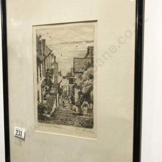 Street Scene Etching Signed R. L. A.