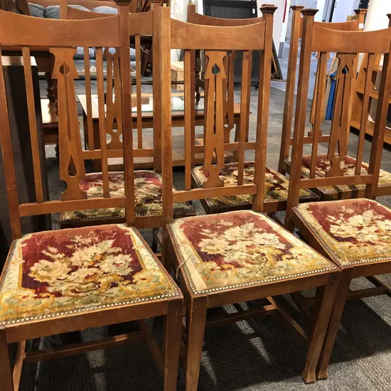 Six Arts and Crafts Rimu High Back Dining Chairs (Minor Attention Required)