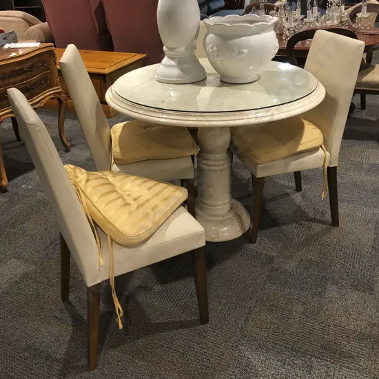 Circular Marble Top Breakfast Table together with Four Vinyl Chairs