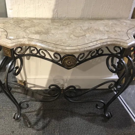 Modern Marble Top Console Table with Wrought Metal Base