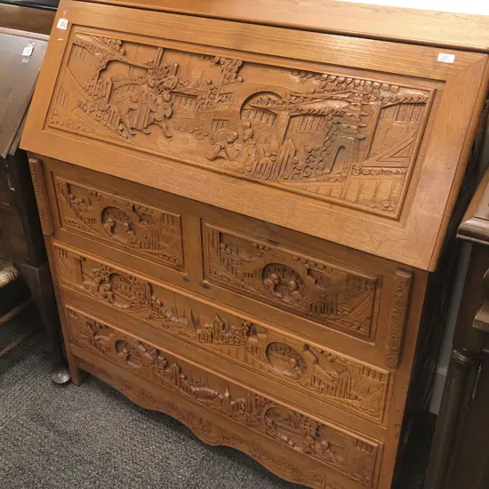 Relief Carved Oak Writing Bureau