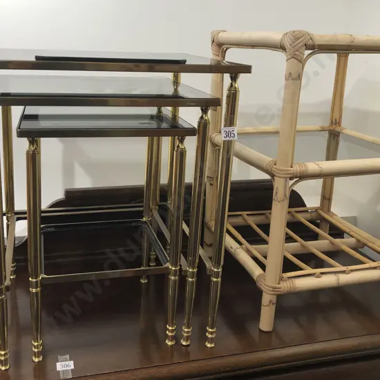 Three Piece Brass & Smoked Glass Nest Tables together with Bamboo Table