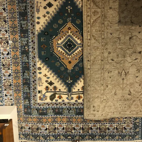 Large Persian Rug with Central Diamond Medallion and Green/Cream/Blue Tones 155w x 212h