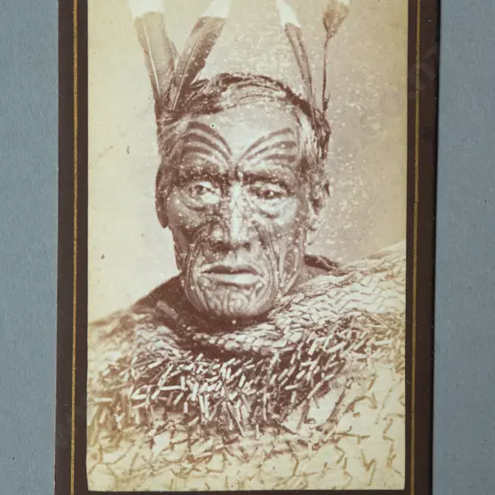 Samuel Carnell (Napier)  Portrait of a Maori Chief with huia feathers in his hair and wearing a korowai Carte de visite albumen print