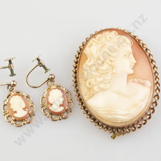 9ct Framed Classical Portrait Cameo Brooch and Earrings