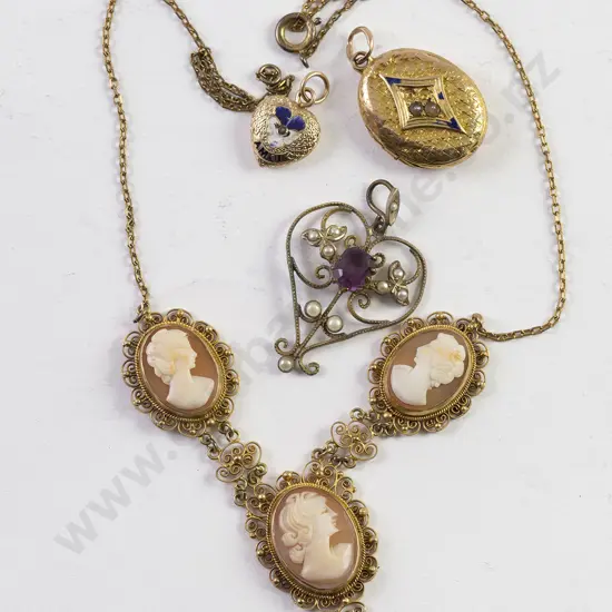 Gilt Metal Cameo Necklace, Pendant, gold locket and heart