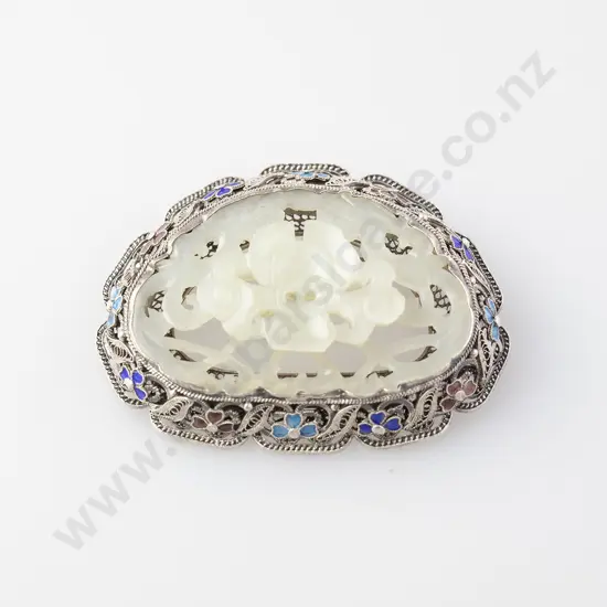 Chinese Silver Filigree and Mutton Fat Jade Brooch
