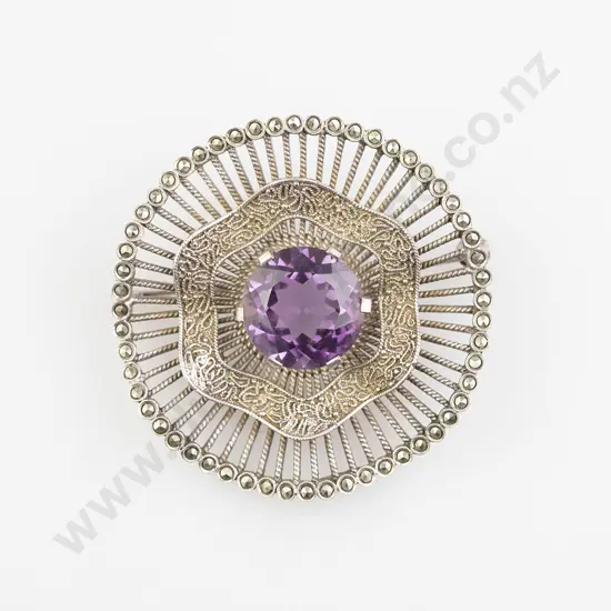 Vintage German Sterling Marcasite and Amethyst Brooch