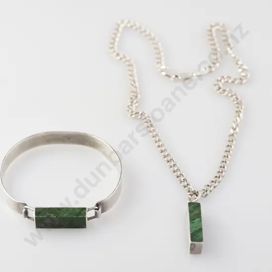 African .925 Silver and Malachite Bangle and Pendant