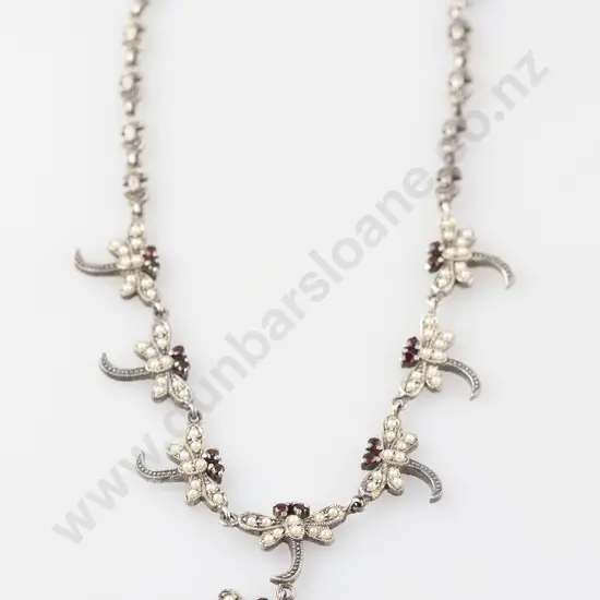 .925 Silver Garnet and Pearl Fancy Necklace