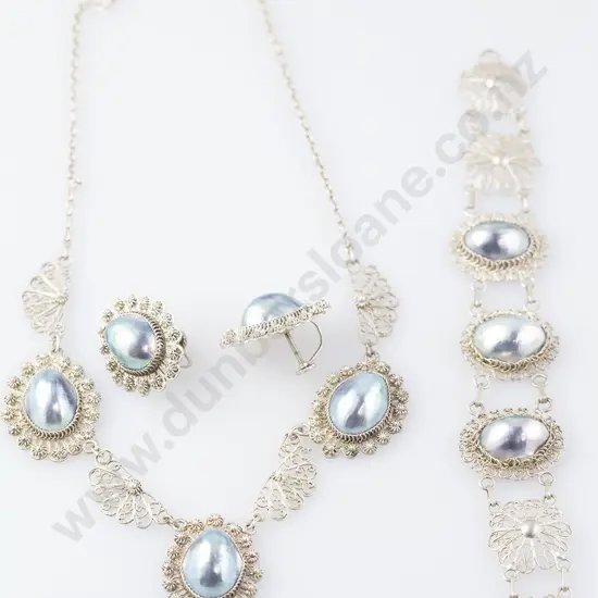 Silver Metal Filigree Mabe Pearl Suite