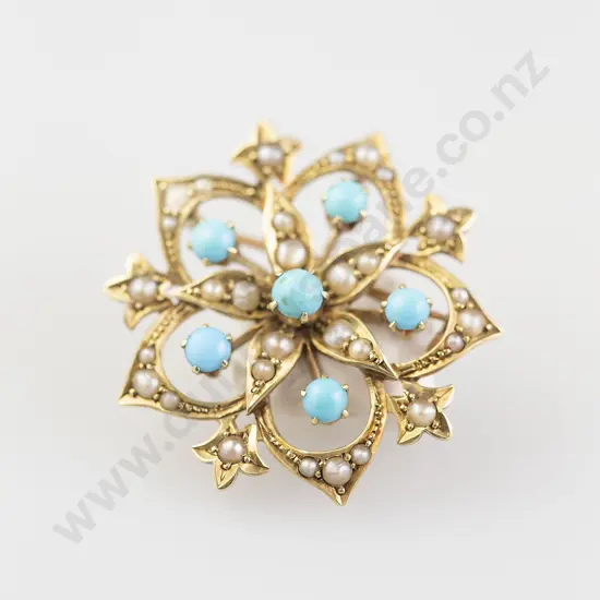 Edwardian 15ct Turquoise and Pearl Star Burst Brooch/Pendant