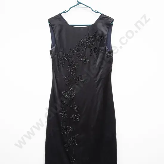 Vintage Black Beaded Satin A-Line Cocktail Dress