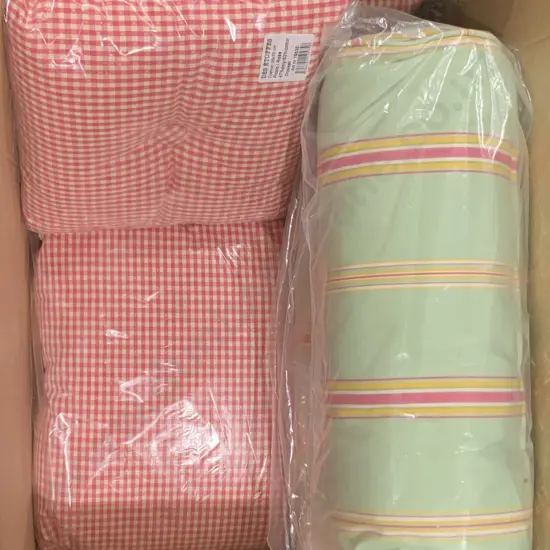 Single Large Two Small Pink Check Couch Cushions and Two Rolls