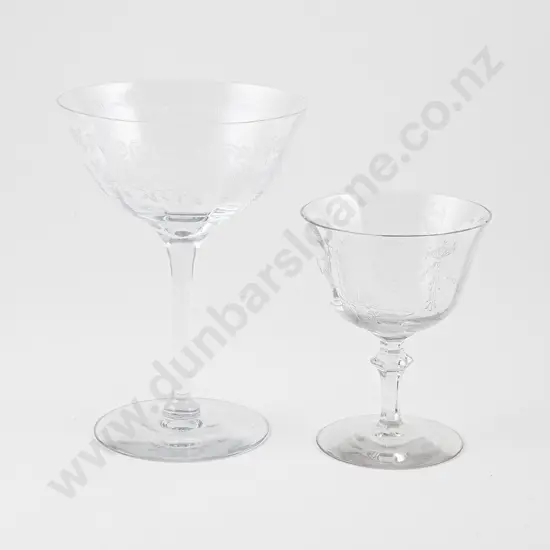 Set Seven Edwardian Etched Glass Champagne Goblets