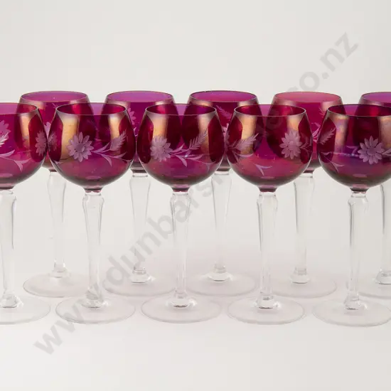 Set Ten Mid C20th Venetian Flash Cut Cranberry Hock Glasses