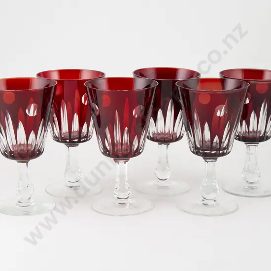 Set Six Mid C20th Ruby Flash Cut Wine Glasses