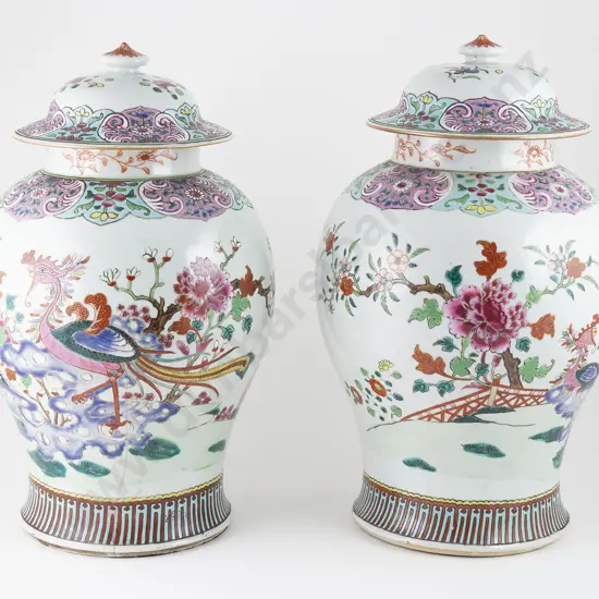 Large Pair Cantonese Famille Rose Export Ware Ginger Jar & Covers