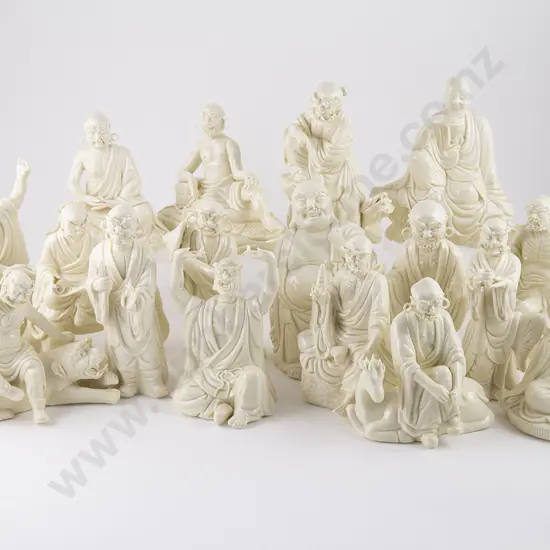 Set of 18 Chinese Cream Glazed Porcelain Figures Of Immortals