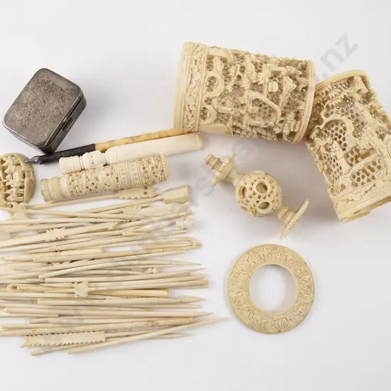 Pair Chinese Carved Ivory Spill Vases