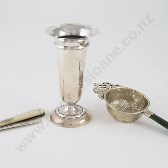 Small S/S Specimen Vase, S/S Bladed MOP Fruit Knife & S/P Tea Strainer