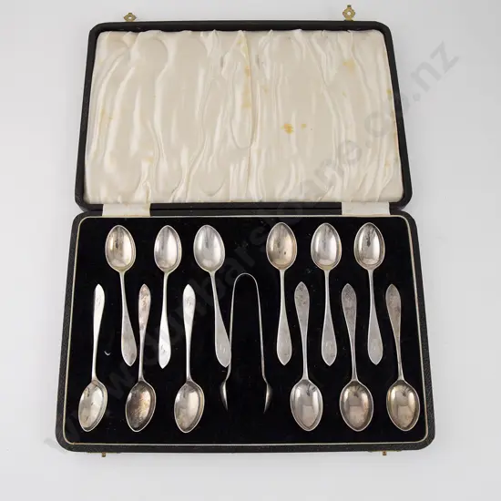 Cased Set Of Geo VI S/S Teaspoons & Tongs