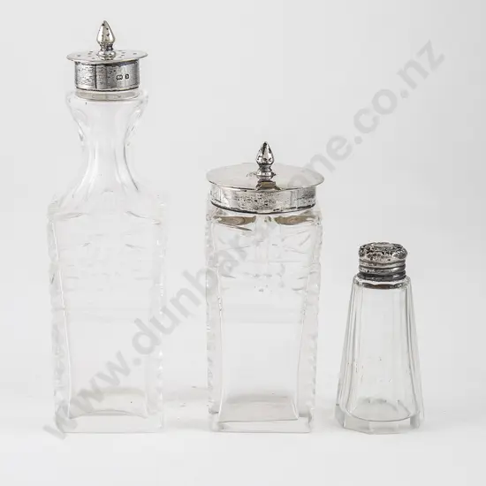 Three S/S Topped Cut Glass Bottles & Jars