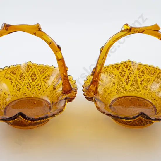 Pair Moulded Amber Glass Bonbon Baskets