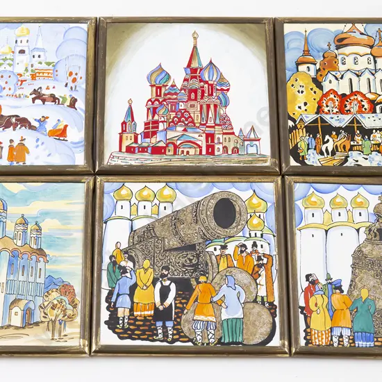 Set Six Russian Hand Painted Tiles